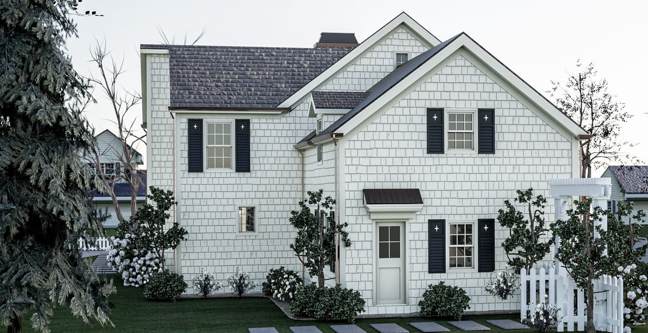 Architectural rendering of the side of a classic shingled home renovation in Westfield, NJ, with black shutters, a gabled dormer and a picket fence