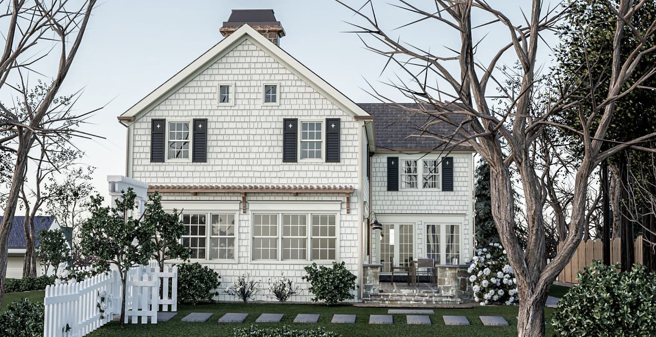Architectural rendering of a classic Westfield, NJ home renovation from the side yard, with shingled gables, black shutters and a picket fence