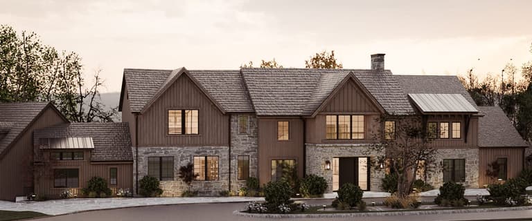 Architectural rendering of a board-and-batten and stone farmhouse elevation at dusk for a renovation in Mendham, NJ