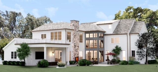 Architectural rendering of a backyard renovation and addition at a historic Westfield, NJ home, with a stone chimney between two glazed wings and a covered porch