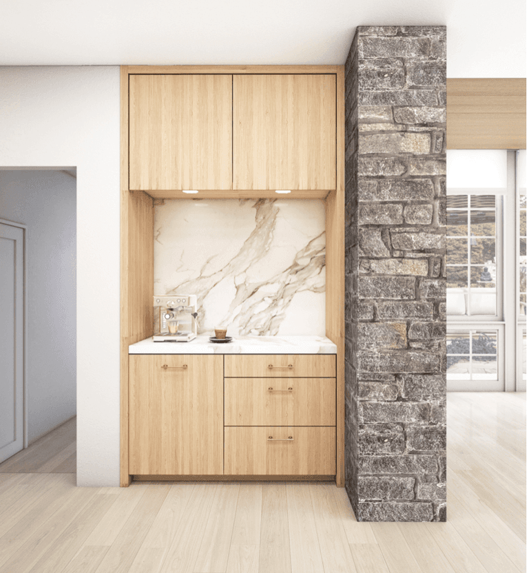Architectural rendering of a coffee station in a Westfield, NJ kitchen, with pale oak cabinetry, a marble backsplash and a stone pier alongside