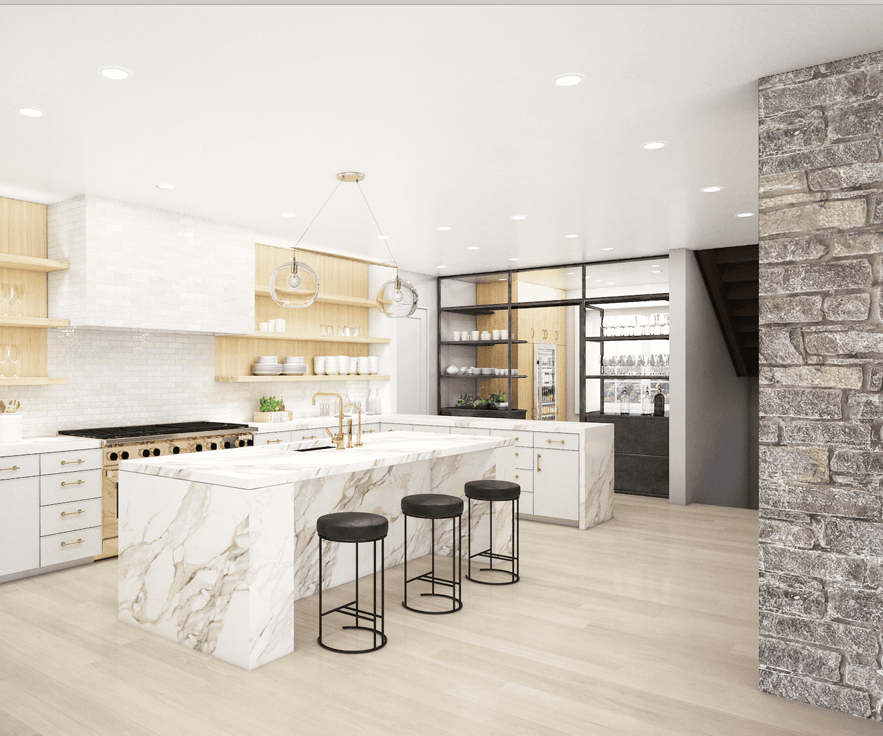 Architectural rendering of a Westfield, NJ kitchen with a marble waterfall island, a stone pier and a glazed pantry at the far end