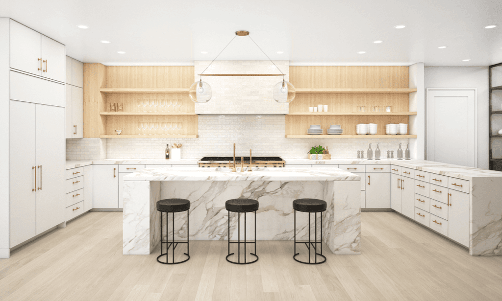 Architectural rendering of a Westfield, NJ kitchen with a marble waterfall island, pale oak open shelving and full-height cabinetry down both walls