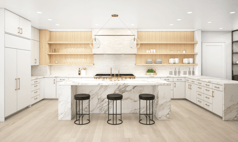 Architectural rendering of a Westfield, NJ kitchen with a marble waterfall island, pale oak open shelving and full-height cabinetry down both walls