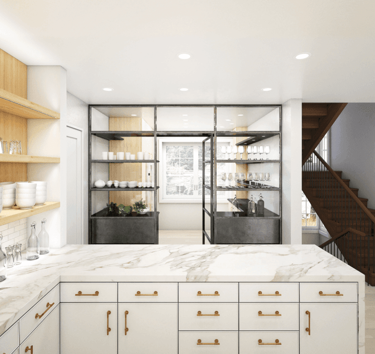 Architectural rendering of a steel-and-glass walk-in pantry beyond a marble counter with brass-pulled drawers in a Westfield, NJ kitchen