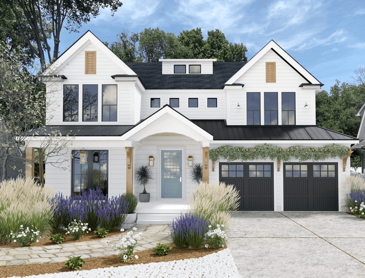 Architectural rendering of a Westfield, NJ new-construction home with cedar accents, a pale blue front door, dark garage doors and perennial planting along the drive