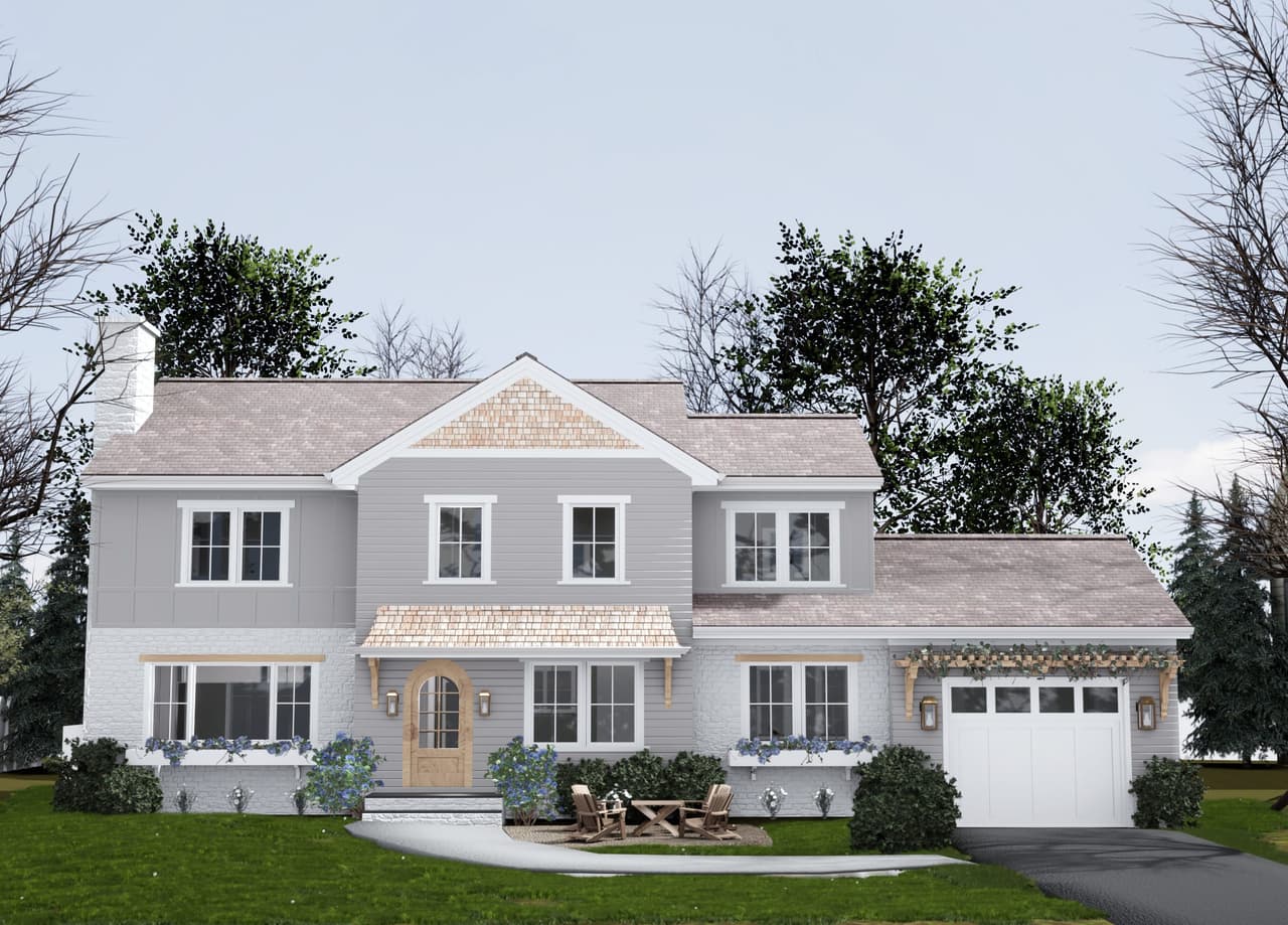 Architectural rendering of a pearl-gray shingled elevation with a bracketed porch and attached garage for a renovation in Westfield, NJ