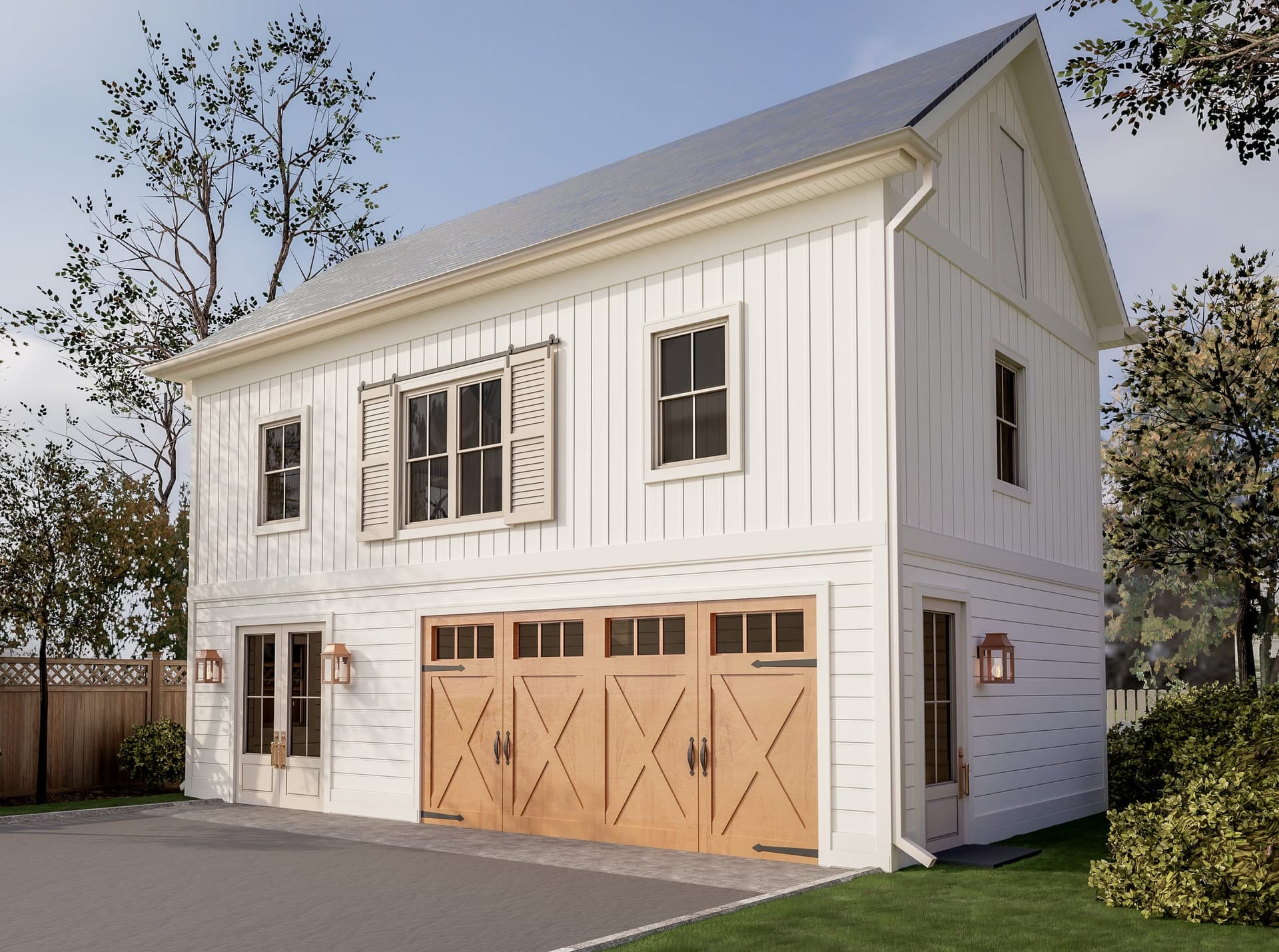 Architectural rendering of a white board-and-batten barn in Westfield, NJ, with wood carriage doors, a wall lantern and windows in the gable above