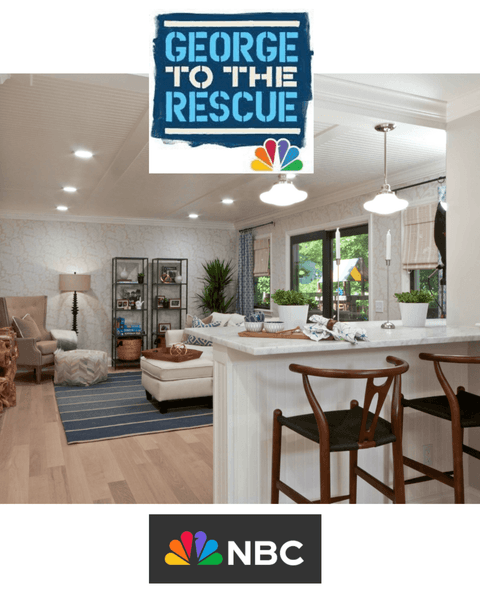 George to the Rescue (NBC) coverage of Michael Robert Construction: an open-plan living room and kitchen with a white island and wishbone stools