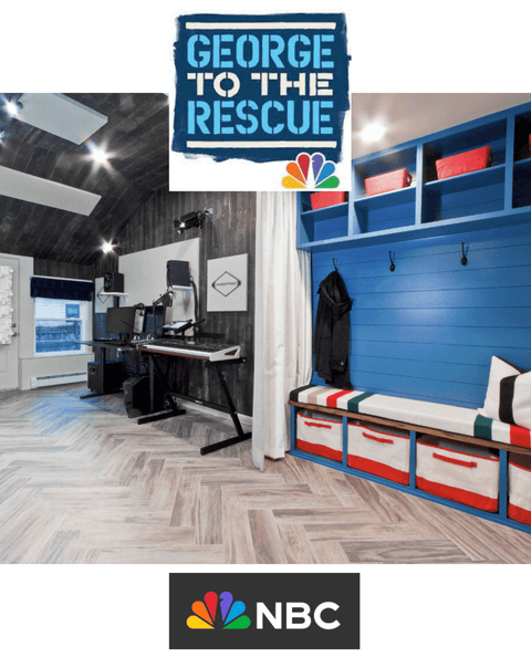 George to the Rescue (NBC) coverage of Michael Robert Construction: a mudroom of blue lockers and striped bins over a herringbone wood floor