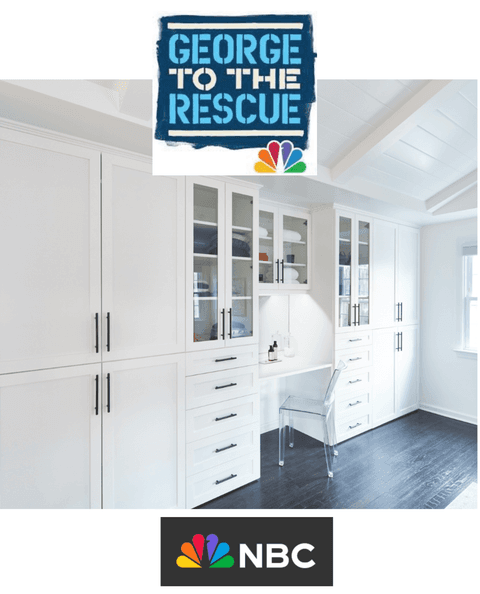 George to the Rescue (NBC) coverage of Michael Robert Construction: a hall of white built-in cabinetry with a desk nook on a dark floor