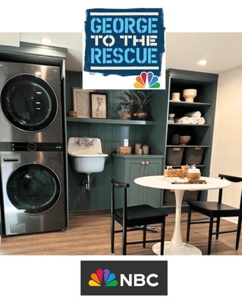 George to the Rescue (NBC) coverage of Michael Robert Construction: a laundry room with dark green shelving, a utility sink and a round table