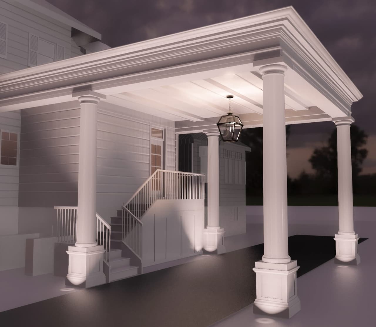 Architectural rendering of a columned covered carport for a historic Westfield, NJ home, shown as an untextured massing study