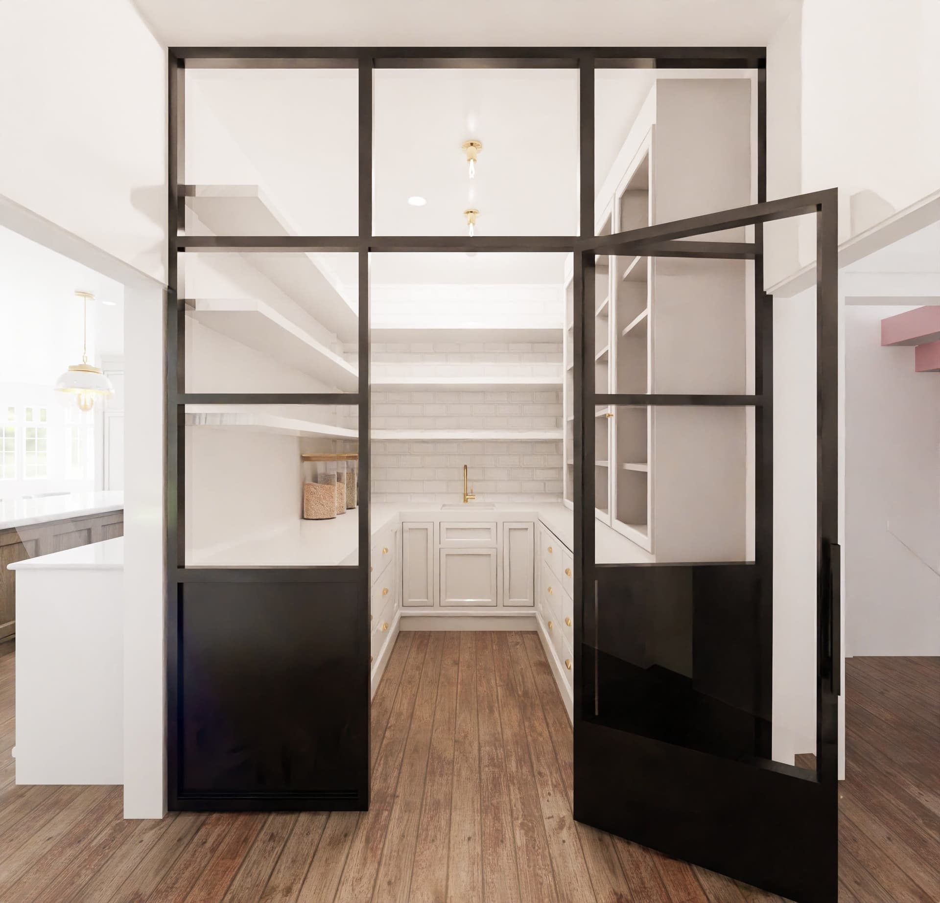 Architectural rendering of a Westfield, NJ scullery seen through a black steel-and-glass pivot door, with open shelving, a brass tap and a run of base cabinetry