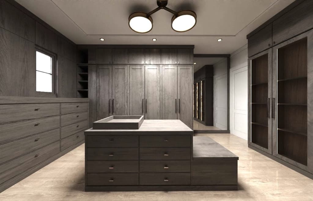 Architectural rendering of a fitted walk-in closet in Westfield, NJ, with dark stained cabinetry down both walls and a drawer island under the ceiling lights