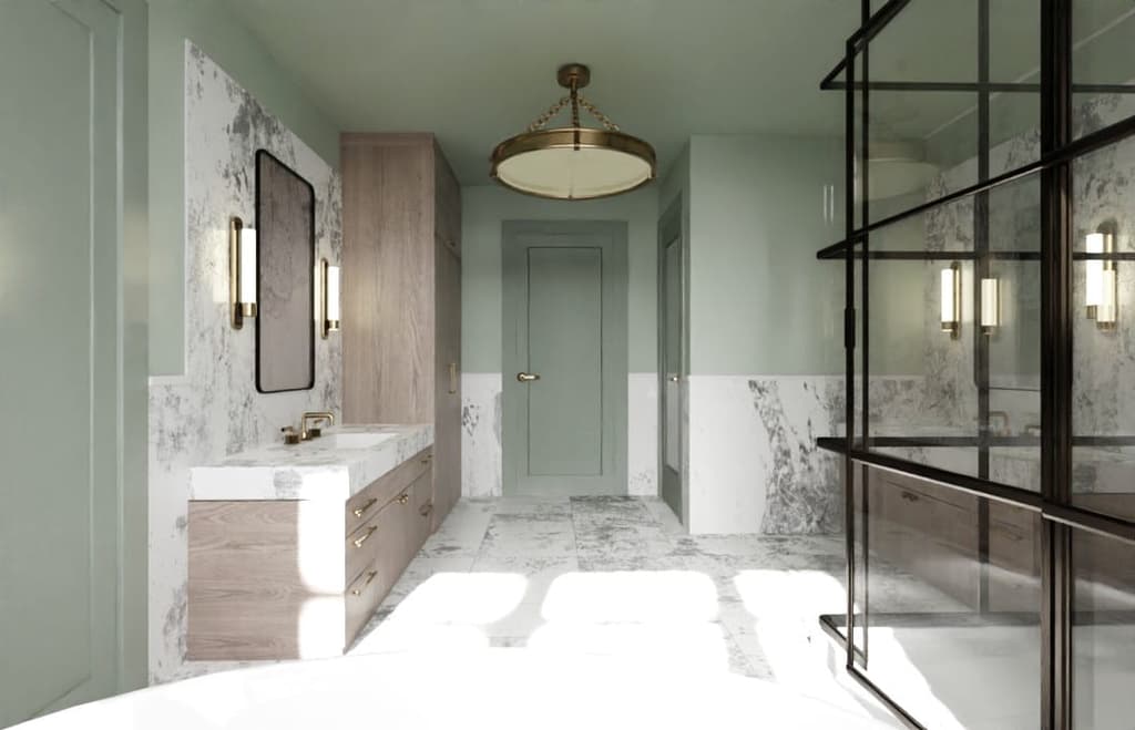 Architectural rendering of a primary bathroom in Westfield, NJ, with a marble-lined wall, a wood vanity and a black steel and glass shower screen