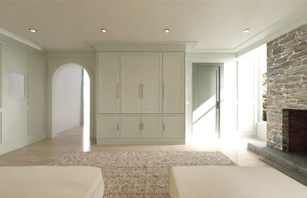 Architectural rendering of a sitting area off a Westfield, NJ primary bedroom, with a wall of paneled cupboards, an arched opening and a stone chimney breast