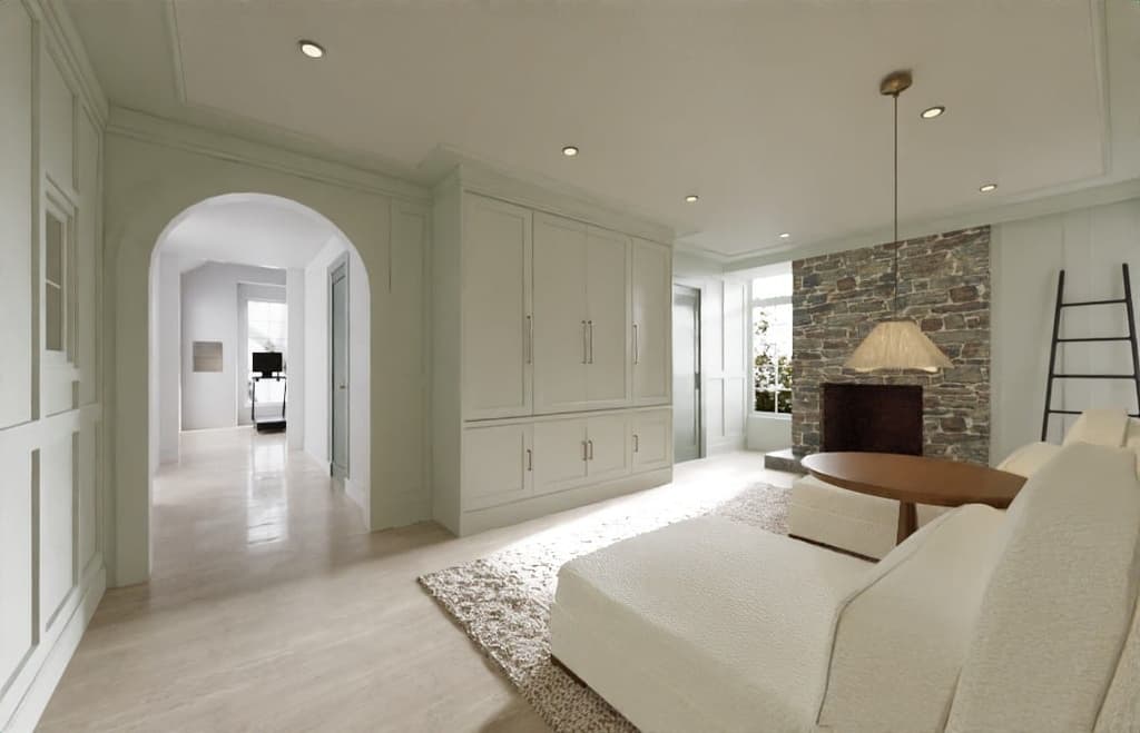 Architectural rendering of a Westfield, NJ primary bedroom with a stone fireplace, an arched opening through to the hall and built-in cupboards along the wall