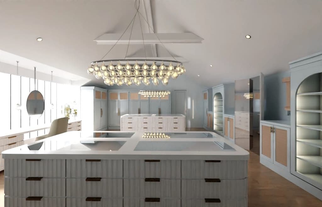 Architectural rendering of a custom closet in Westfield, NJ with two drawer islands, a beaded chandelier and glazed display cabinets along the end wall