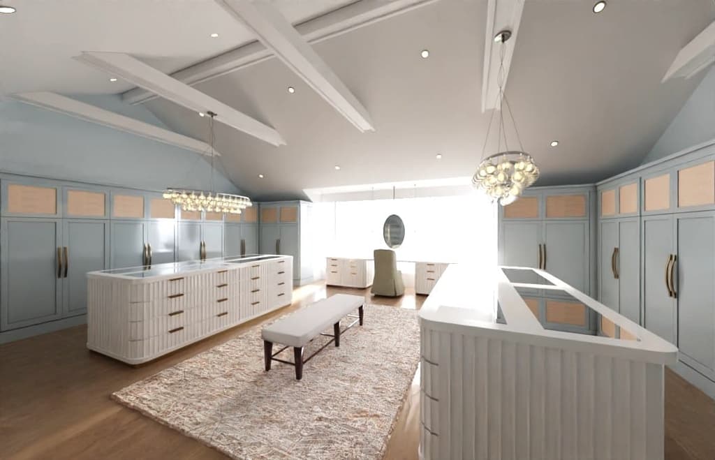 Architectural rendering of a Westfield, NJ custom closet under a coffered vaulted ceiling, with fitted cupboards, two islands and a bench on a deep rug