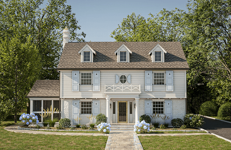 Rendering of a Summit, NJ colonial seen straight on, with three gabled dormers, a balustraded balcony over the entry and hydrangeas along the brick walk