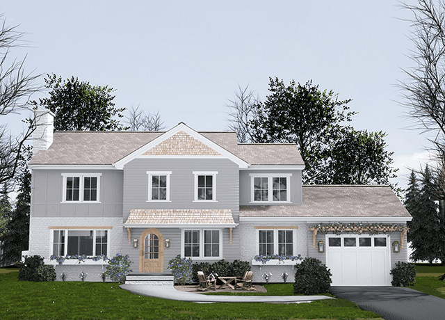 Architectural rendering of a gray shingled home with a front porch and gabled dormers for a renovation in Westfield, NJ