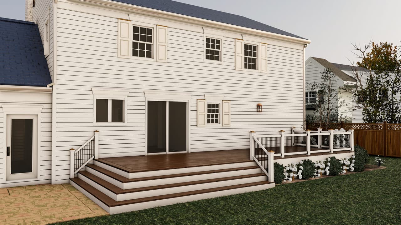 Architectural rendering of a Westfield, NJ home refresh, showing a raised rear deck with a railing and steps down to the lawn