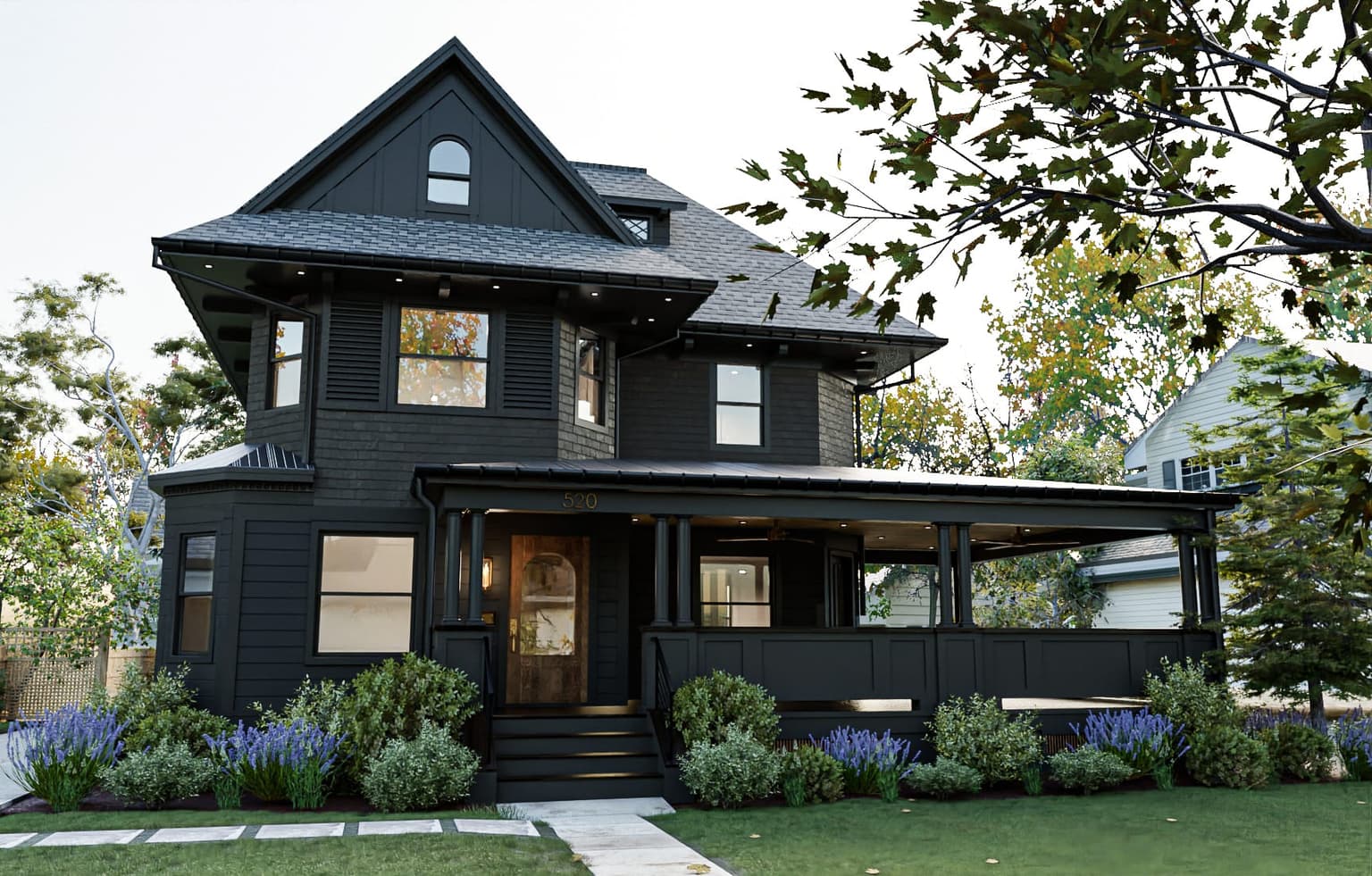 Architectural rendering of a dark-painted Victorian colonial in Westfield, NJ, with a full-width front porch, bracketed eaves and a dormered third story