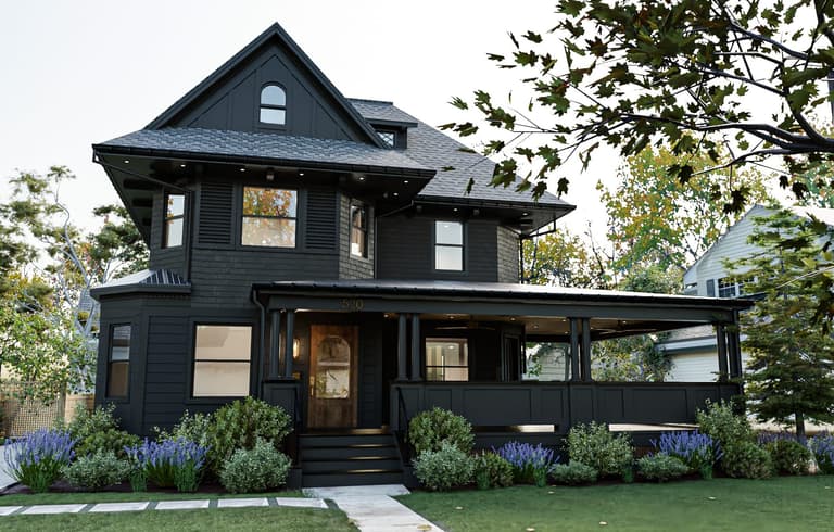 Architectural rendering of a dark-painted Victorian colonial in Westfield, NJ, with a full-width front porch, bracketed eaves and a dormered third story
