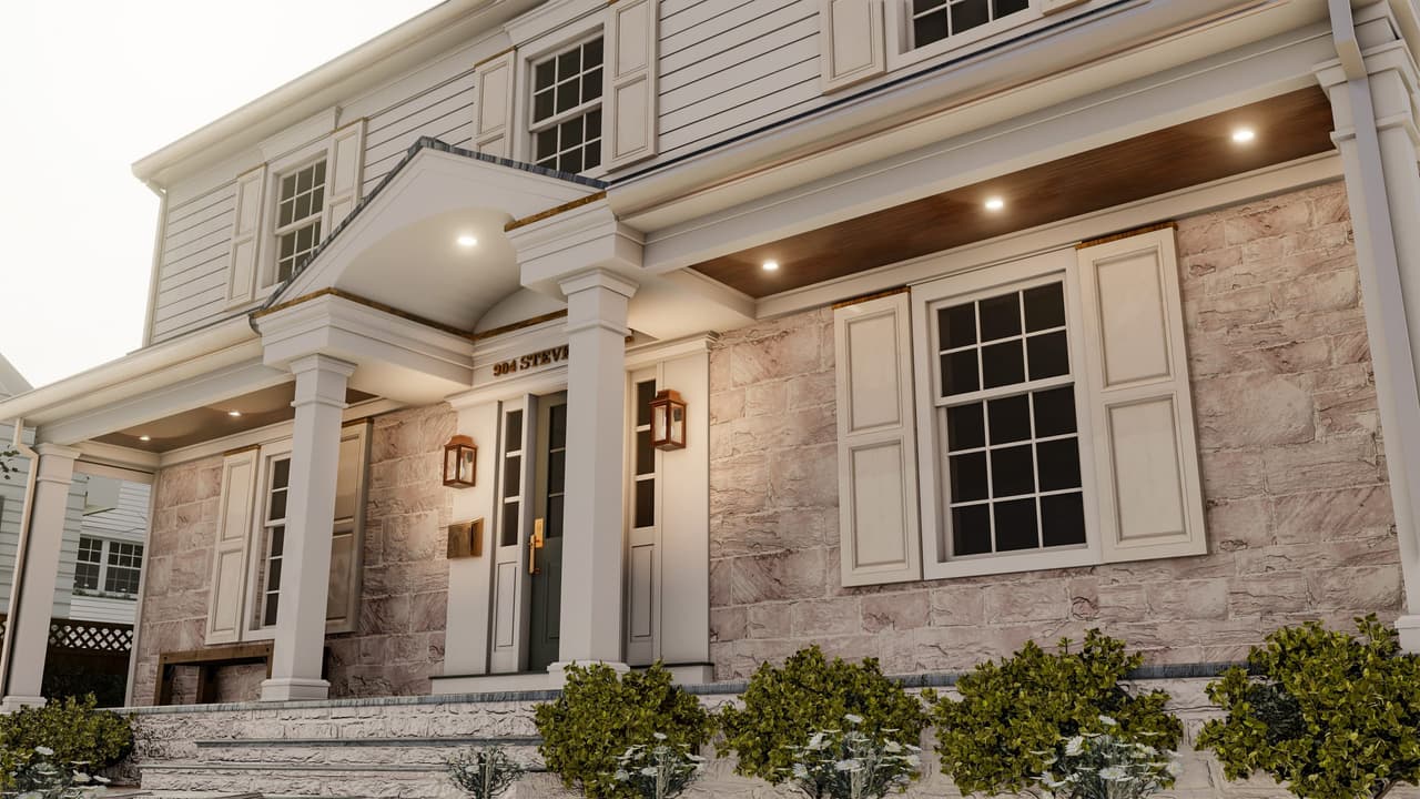 Architectural rendering of the front porch of a Westfield, NJ classic home refresh, with stone piers, a columned portico and lanterns either side of the door