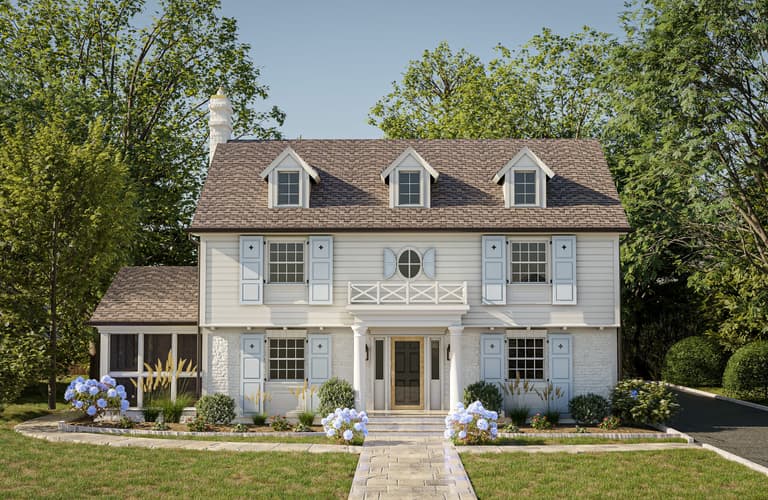 Architectural rendering of a classic Summit, NJ home from the front walk, with an oval window in the gable, a balustraded balcony and hydrangeas either side