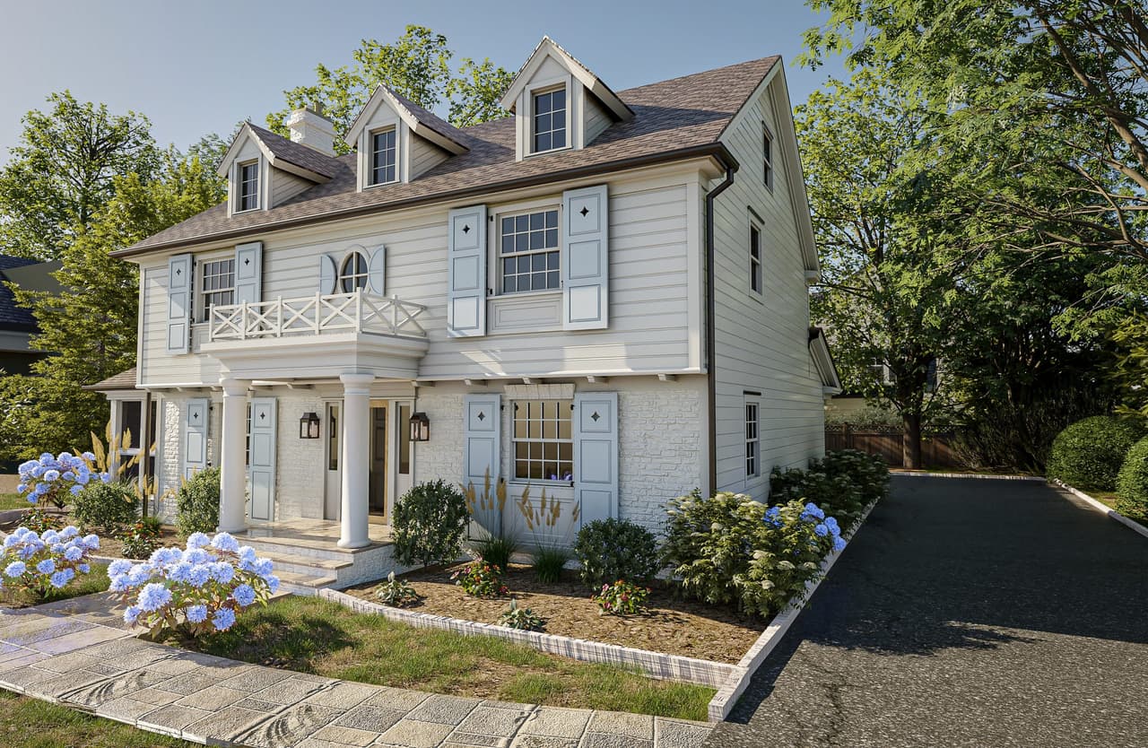Architectural rendering of the front of a classic Summit, NJ home, with gabled dormers, a balustraded balcony over the entry and a hydrangea border