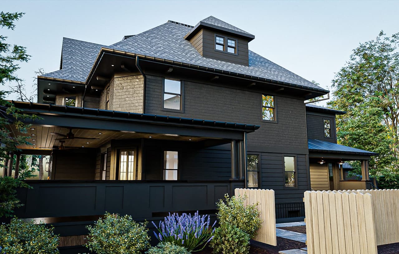 Architectural rendering of a dark-painted Victorian colonial in Westfield, NJ from the side, with a shingled upper storey, a covered porch and a slatted fence
