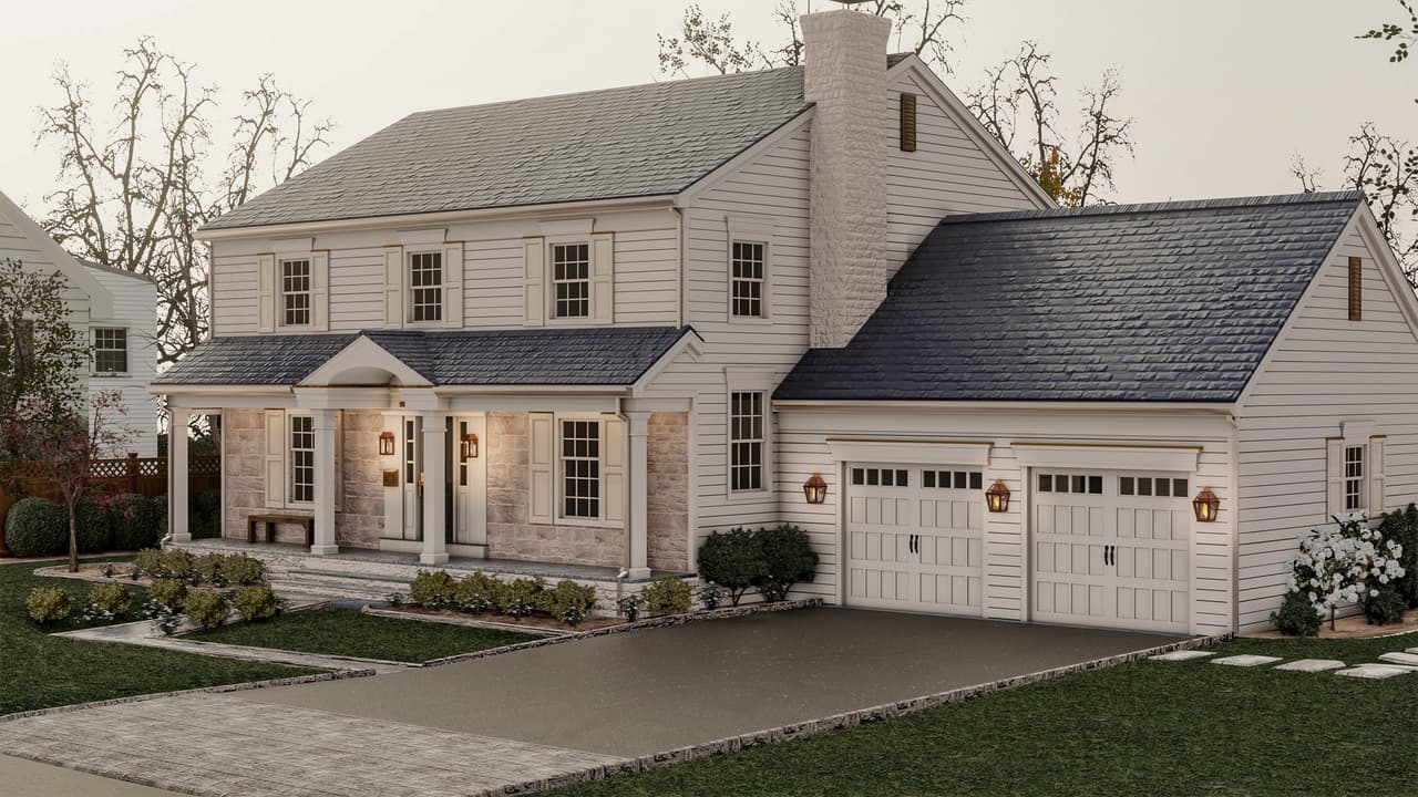 Architectural rendering of a Westfield, NJ classic home refresh, with a stone and cedar front, a gabled entry and a two-bay garage