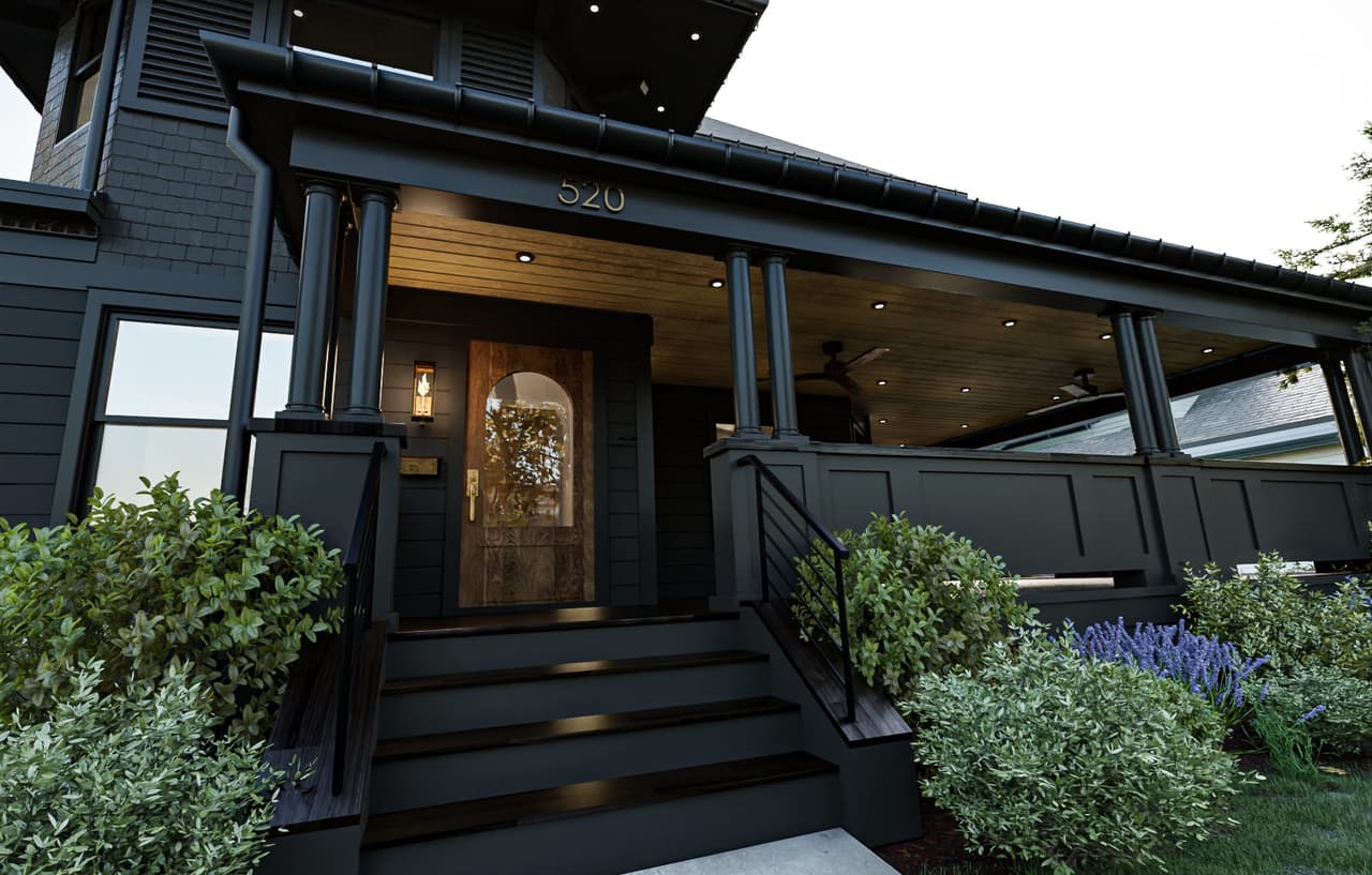 Architectural rendering of the porch of a dark-painted Victorian colonial in Westfield, NJ, with a wood front door, a planked ceiling and steps down to the planting