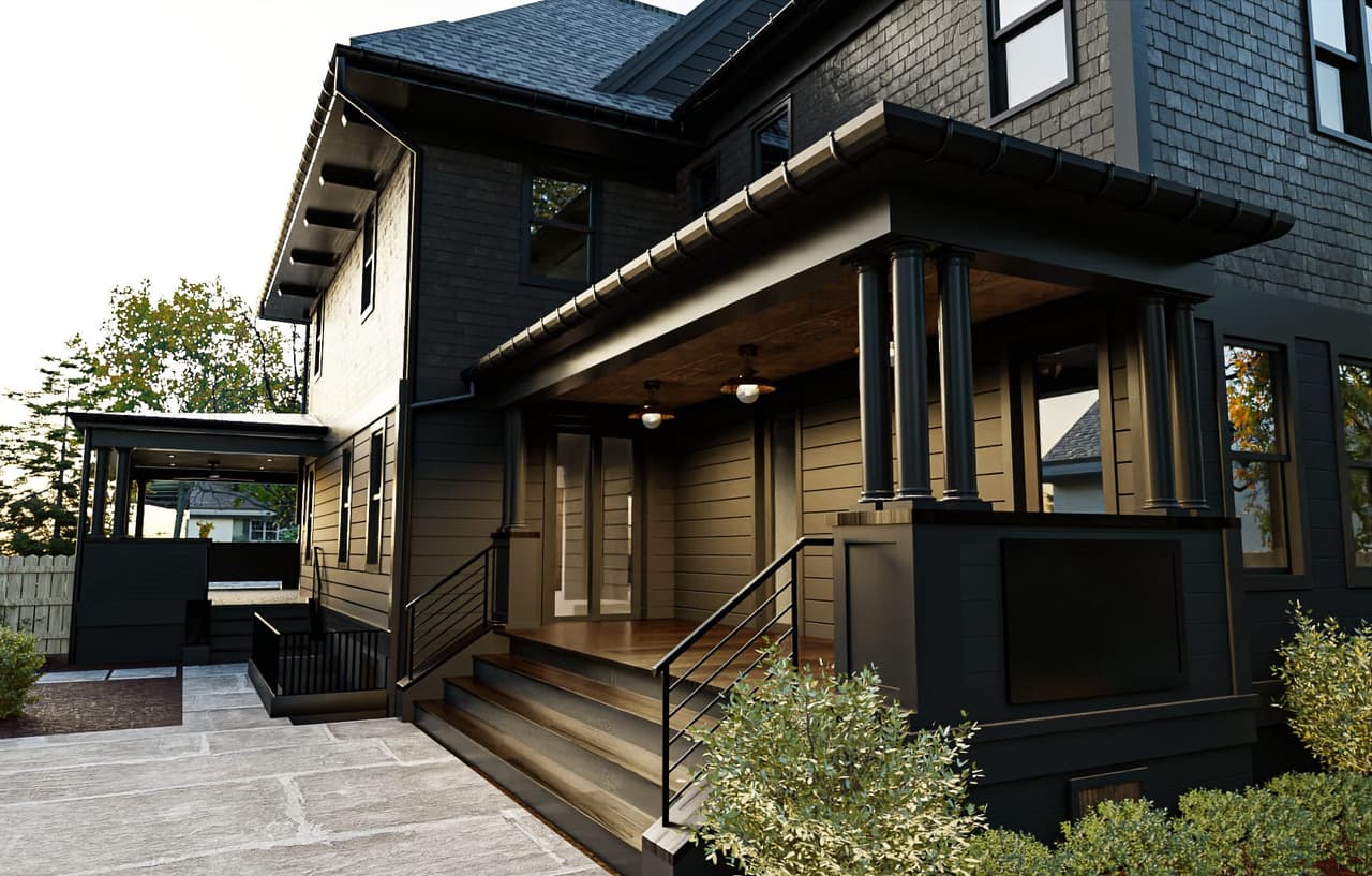 Architectural rendering of the rear of a dark-painted Victorian colonial in Westfield, NJ, with a covered porch, wide steps and lit interiors