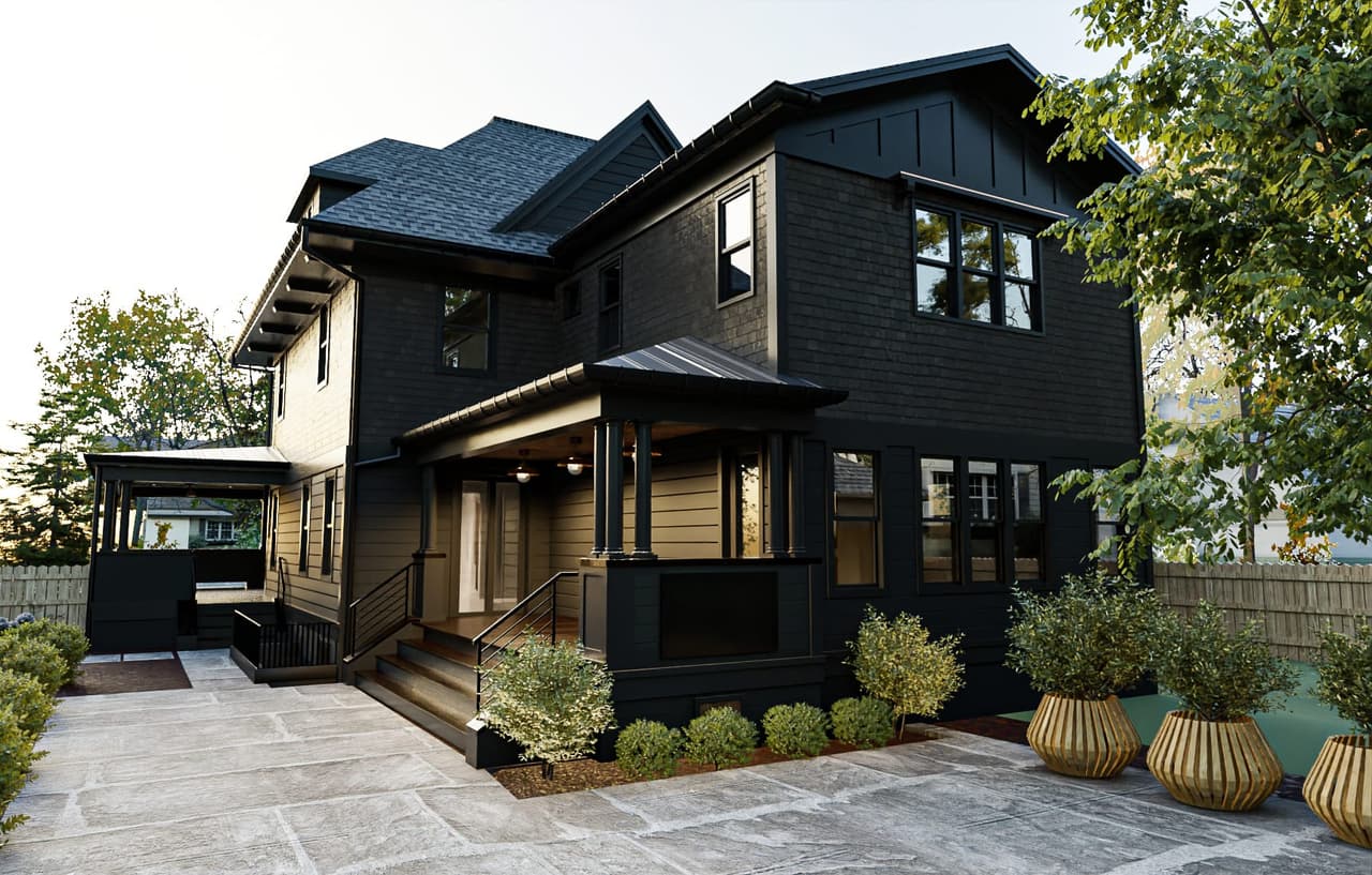 Architectural rendering of the side elevation of a dark-painted Victorian colonial in Westfield, NJ, with board-and-batten and shingle walls and planters along the drive