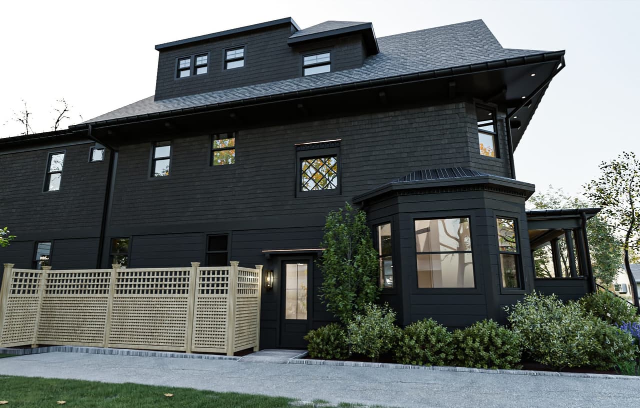 Architectural rendering of a dark-painted Victorian colonial in Westfield, NJ seen along the side, with a bay, a hipped dormer and a lattice screen at the drive