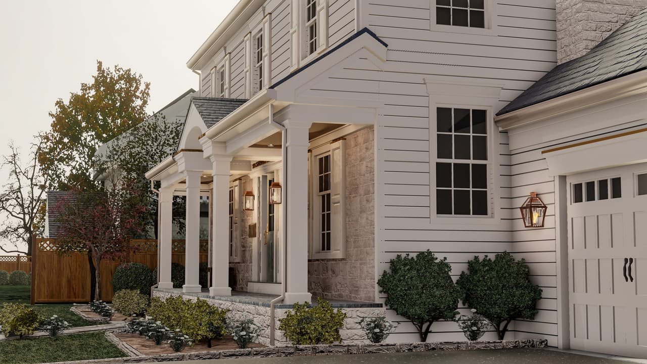 Architectural rendering of a side porch in cedar and stone for a classic home refresh in Westfield, NJ, lit at dusk beside the garage
