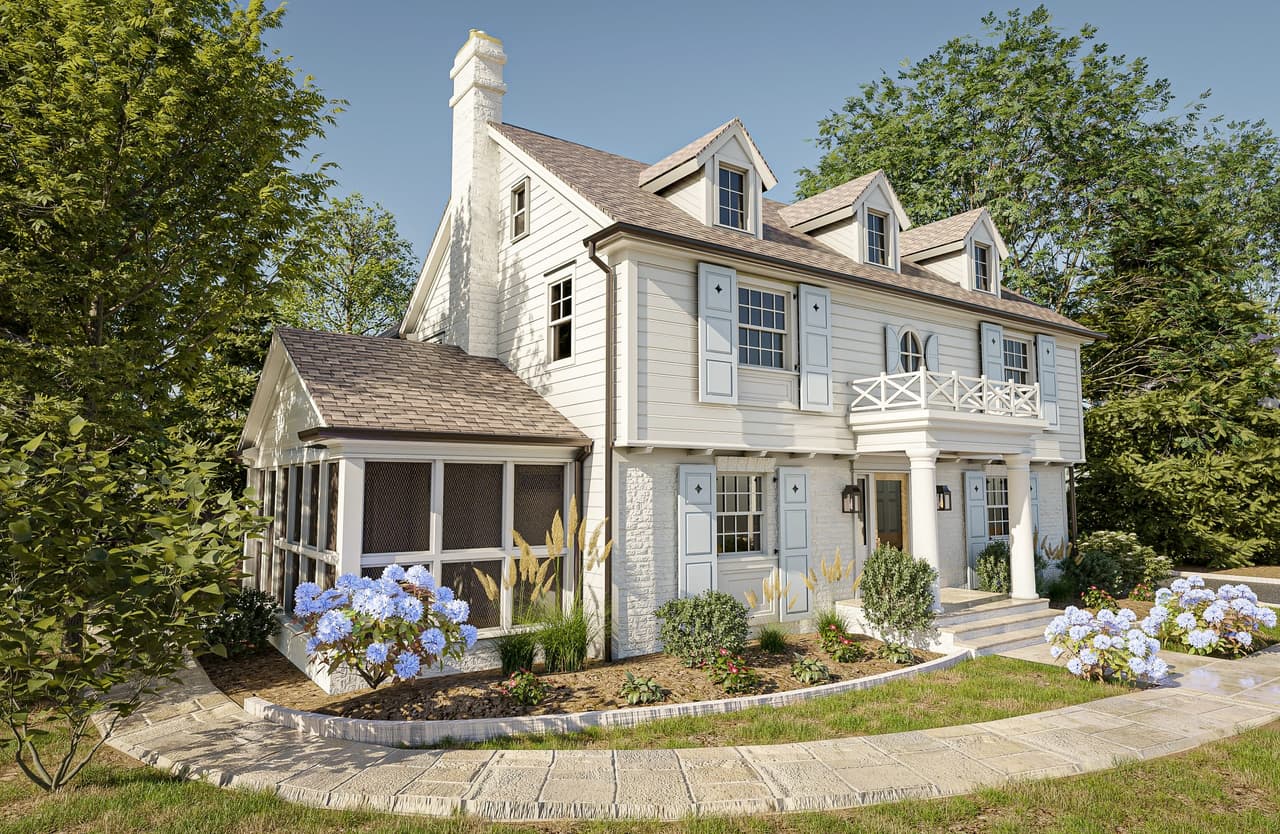 Architectural rendering of a classic Summit, NJ home from the side, with a screened porch, a balustraded balcony and hydrangeas along the walk