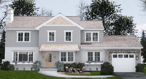 Architectural rendering of a Westfield, NJ home, with a cedar-shingled gable, a bracketed hood over the arched front door and Adirondack chairs around a table on the walk