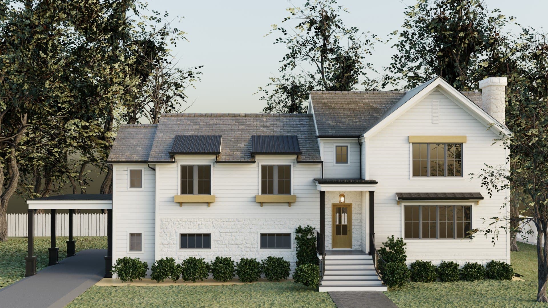 Architectural rendering of a reimagined split-level in Westfield, NJ, with white painted brick, black-framed windows and a wood front door under a flat canopy