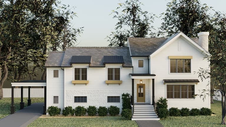 Architectural rendering of a reimagined split-level in Westfield, NJ, with white painted brick, black-framed windows and a wood front door under a flat canopy