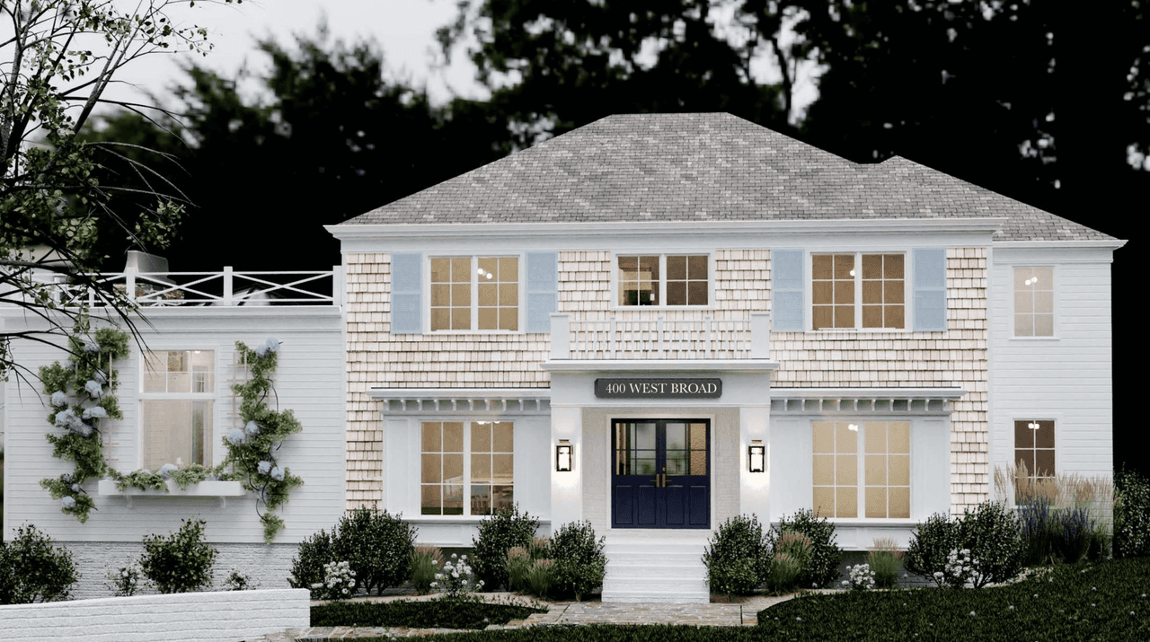 Architectural rendering of a classic coastal front elevation in Westfield, NJ, with cedar shingles, pale blue shutters, a hipped roof and a navy front door under a dentil cornice