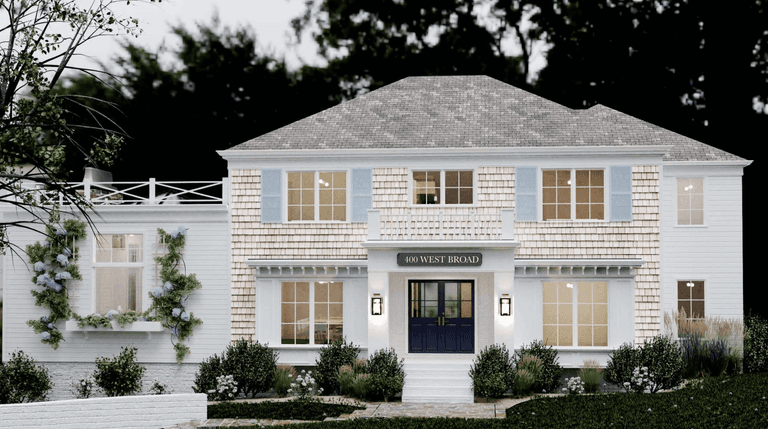 Architectural rendering of a classic coastal front elevation in Westfield, NJ, with cedar shingles, pale blue shutters, a hipped roof and a navy front door under a dentil cornice