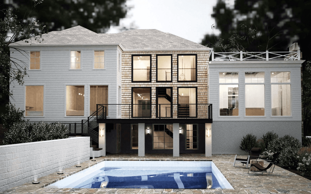 Rear of a Westfield, NJ home at dusk above a pool and stone patio, with a walled terrace, a balcony and two storeys of glass lit from within
