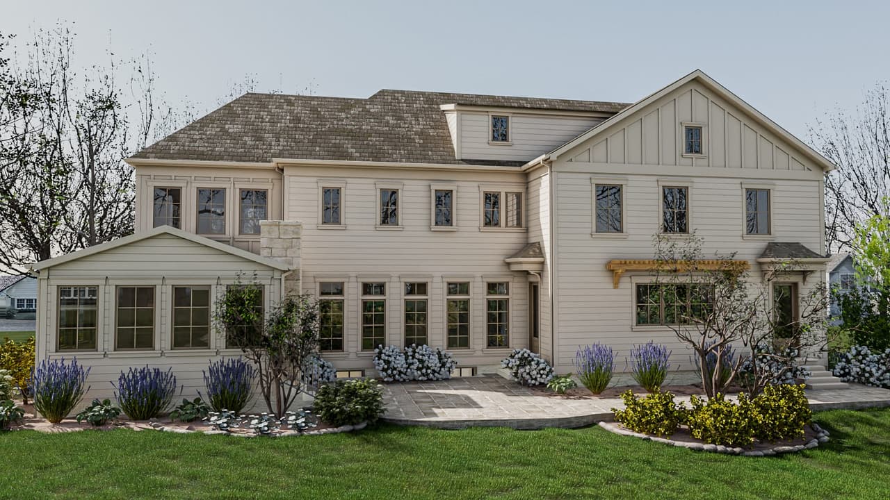 Architectural rendering of the rear elevation of a classic neutral home renovation in Westfield, NJ, with board-and-batten gables and a bracketed awning