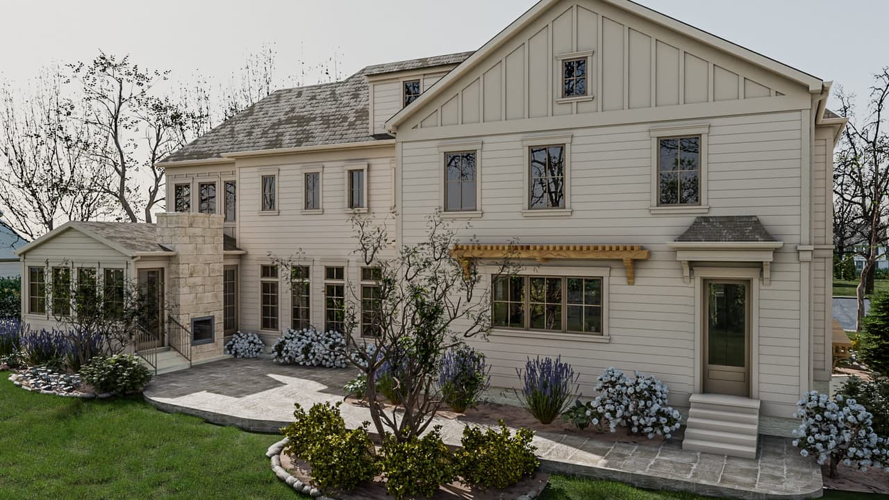 Architectural rendering of the rear of a Westfield, NJ home renovation, with cedar accents, a bracketed awning and a stone patio off the back door