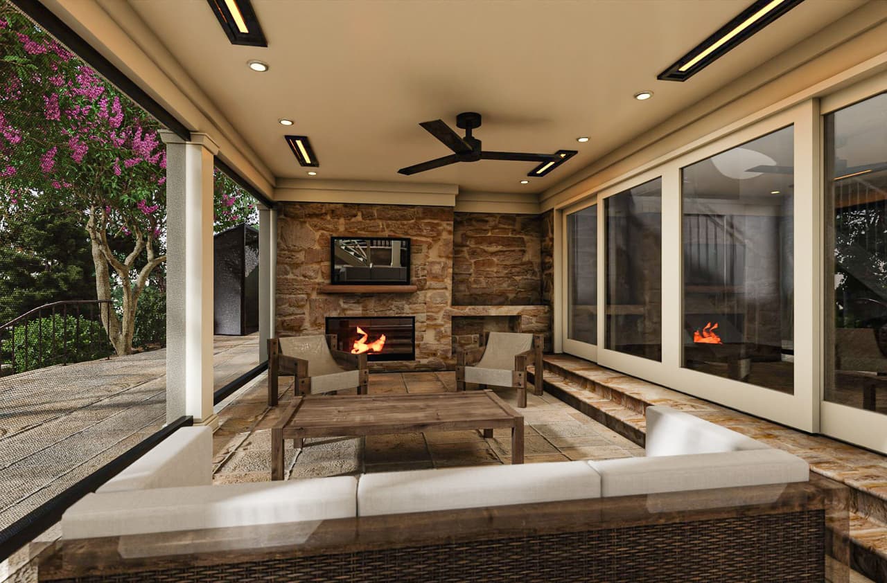 Architectural rendering of a screened patio at a Mountainside, NJ home renovation, with a lit stone fireplace, a fan on the planked ceiling and wicker seating
