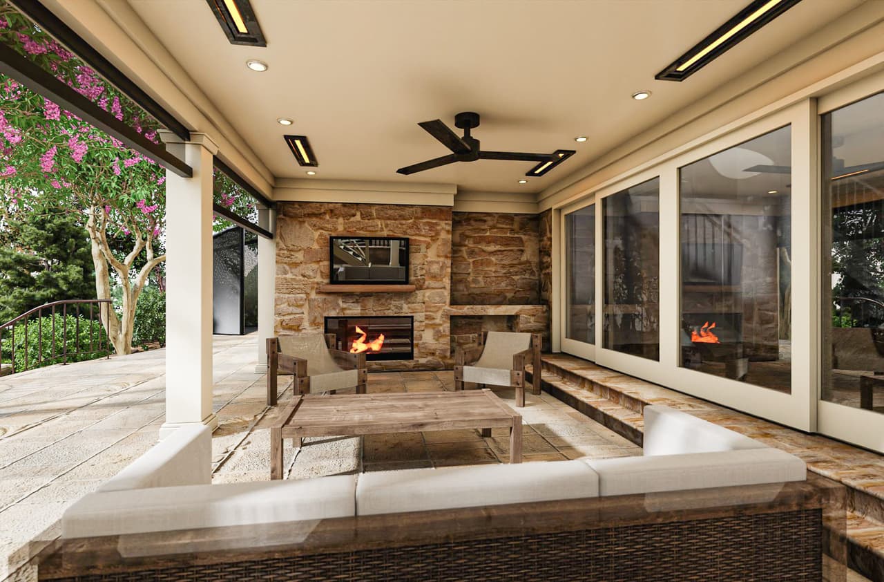 Architectural rendering of the sitting area on a covered patio at a Mountainside, NJ home renovation, with a stone fireplace and television under a fan